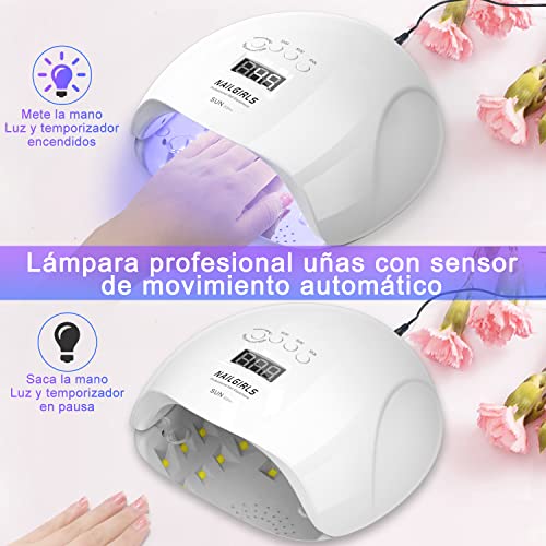 NAILGIRLS Lámpara Uñas UV LED 150W con 4 Temporizadores,Secador Profesional con Pantalla LCD,Placa Magnética Extraíble de Lampara de Uñas en Hogar, ABS