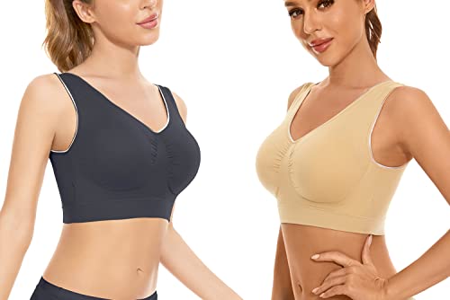 NAKQU Sujetadores Deportivos para Mujer, sin Costuras, cómodos para Dormir, Sujetadores de Yoga con Almohadillas extraíbles, Negro, Blanco, Beige, XXL