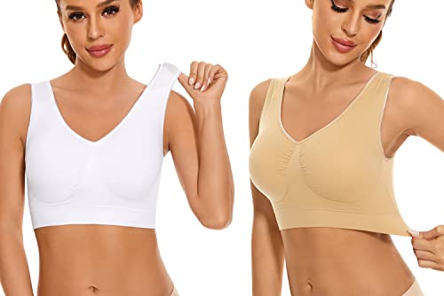 NAKQU Sujetadores Deportivos para Mujer, sin Costuras, cómodos para Dormir, Sujetadores de Yoga con Almohadillas extraíbles, Negro, Blanco, Beige, XXL