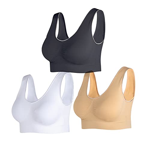 NAKQU Sujetadores Deportivos para Mujer, sin Costuras, cómodos para Dormir, Sujetadores de Yoga con Almohadillas extraíbles, Negro, Blanco, Beige, XXL