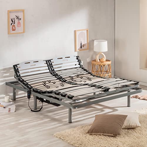 NALUI - Somier Eléctrico para Cama 135 x 190 cm con Patas ProCare, 11 Láminas Madera de Haya de 10 cm y Estructura de Acero. Con Mando y Cursores para Regular la Firmeza