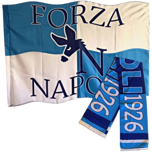 NARAMAKI® Bandera y bufanda del Nápoles - Bandera de 90 x 150 cm con trabilla para barra + bufanda 20 x 120 cm Nápoles - Tifoseria Campeonato de Fútbol (Bandera de 60 cm + Bufanda Nápoles)