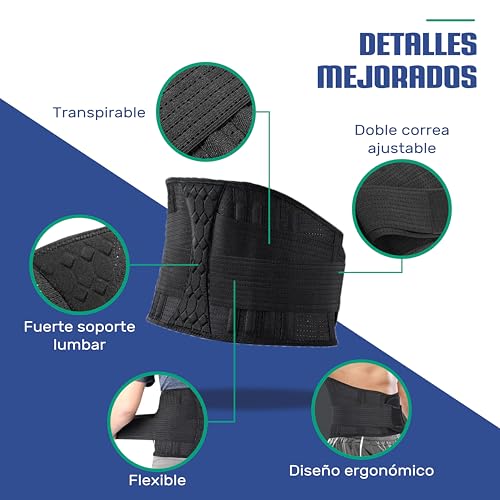 NativoDex Faja Lumbar Hombre y Mujer - Soporte Especial Lumbar y Espalda Baja - Reduce el Dolor y Recupera Lesiones en Cintura y Espalda - Cinturón Soporte Lumbar con Doble Ajuste (XL | >103 cm)