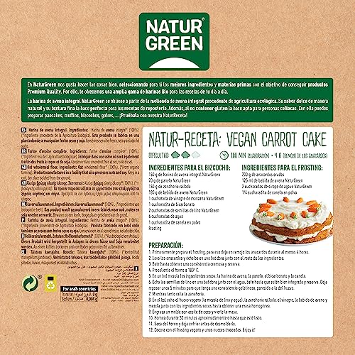 NaturGreen - Harina de Avena Integral, Granos de Avena Molidos, Ecológico, Condimento Bio, 100% Vegano - 500 g