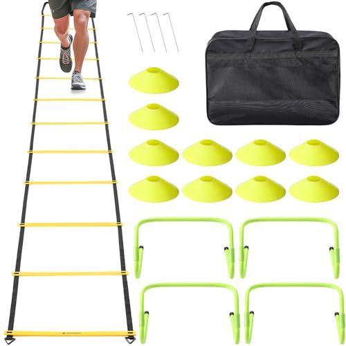 Navaris Escalera Entrenamiento - Kit Entrenamiento Futbol con 10x Conos Entrenamiento 1x Escalera Agilidad 4X obstáculos y 1x Bolsa de Transporte - Escalera de Cuerda de 6 m