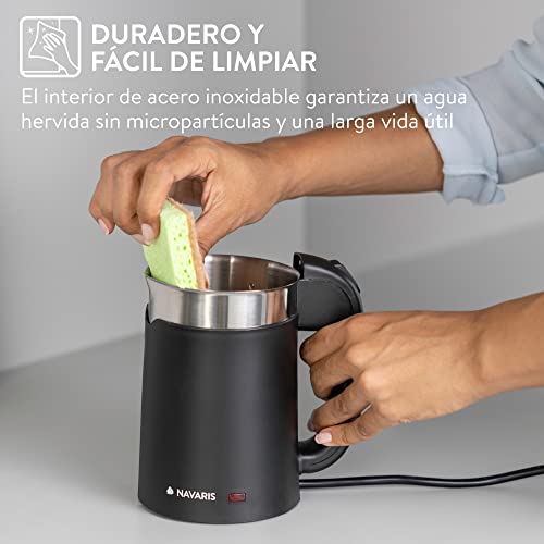 Navaris Pequeño Hervidor Electrico para Viaje 0,5 L - Mini Calentador de Agua 1100 W de Bajo Voltaje - Incluye 2 Tazas para Camping - Jarra hervidora eléctrica de 16 x 11 x 17 cm