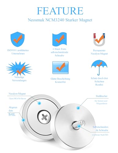 Neosmuk Imanes con agujero avellanado, base magnética fuerte de 32 mm de diámetro, poder de sujeción con imán de agujero resistente y tornillo de acero inoxidable autocónico