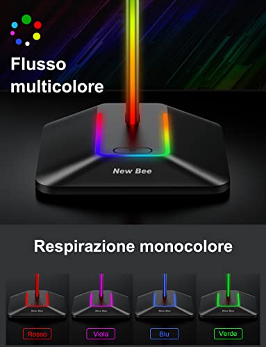 New Bee Soporte Auriculares RGB, Soporte Cascos Gaming para Videojuegos, Accesorio LED con 7 Modos de iluminación, Base de Goma Antideslizante, para PC Gamer, Auriculares Gaming, Negro