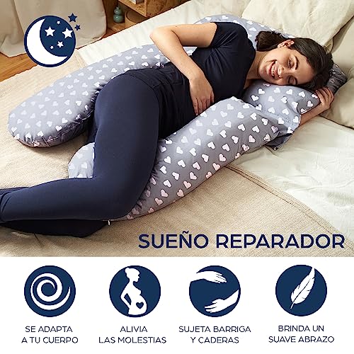 Niimo Cojín Embarazada en Forma de U - Almohada Embarazada Dormir Multifuncional - Cojín Embarazada Dormir y Lactancia - Cojín Lactancia y Embarazo con Funda 100% de algodón - Gris/Blanco