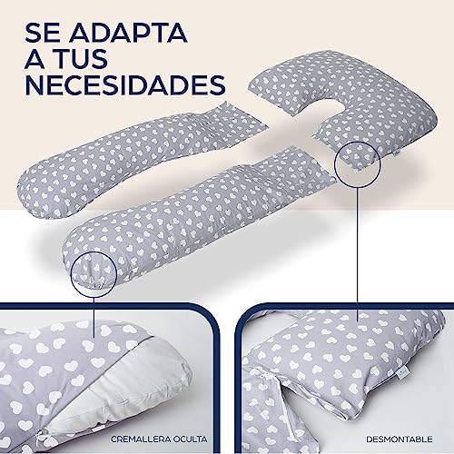 Niimo Cojín Embarazada en Forma de U - Almohada Embarazada Dormir Multifuncional - Cojín Embarazada Dormir y Lactancia - Cojín Lactancia y Embarazo con Funda 100% de algodón - Gris/Blanco