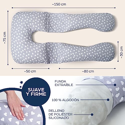 Niimo Cojín Embarazada en Forma de U - Almohada Embarazada Dormir Multifuncional - Cojín Embarazada Dormir y Lactancia - Cojín Lactancia y Embarazo con Funda 100% de algodón - Gris/Blanco