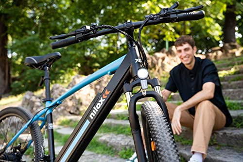 Nilox E-Bike X6 SE, Mountain-Bike eléctrica, Autonomía de 90 km, Frenos de disco Tektro, Cambio Shimano de 21 velocidades, Ruedas de 27,5” x 2,10”, Batería extraíble de 36 V 13 Ah