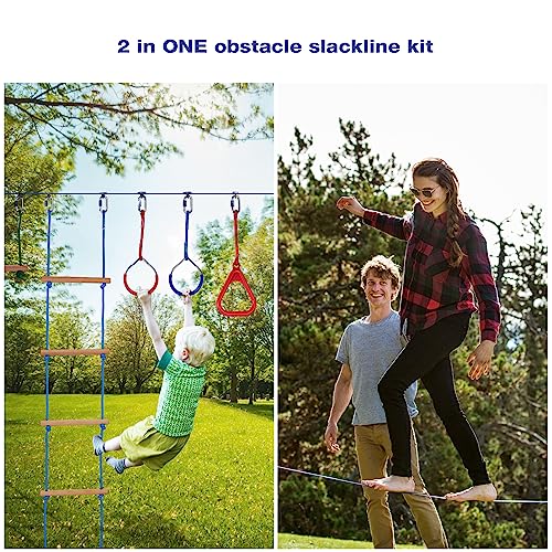 Ninja Slackline Kit, Slackline Ninja Warrior Carrera de Obstáculos, Ninja Warrior Equipo de Entrenamiento, para Niños y Adultos, para Principiantes, Azul