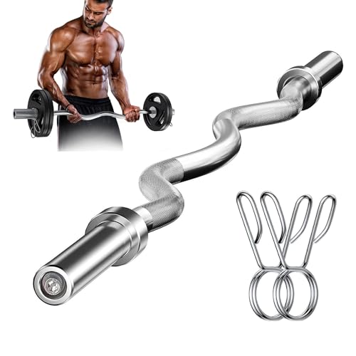 Nisorpa 47 pulgadas EZ Olympic Curl Bar levantamiento de pesas barra de curl con agarre antideslizante y collares de resorte barra de bíceps para el entrenamiento de fuerza muscular culturismo