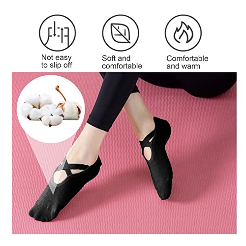 NITAIUN 3 Pares Calcetines Pilates Yoga, Calcetines Antideslizantes Mujer con Asas y Correas para Danza Yoga Pilates Ballet Fitness Sports Barra, Talla única Negro Gris