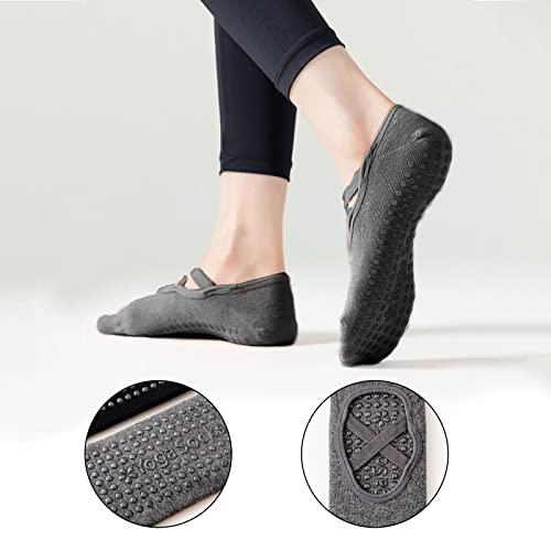 NITAIUN 3 Pares Calcetines Pilates Yoga, Calcetines Antideslizantes Mujer con Asas y Correas para Danza Yoga Pilates Ballet Fitness Sports Barra, Talla única Negro Gris