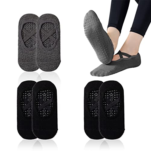 NITAIUN 3 Pares Calcetines Pilates Yoga, Calcetines Antideslizantes Mujer con Asas y Correas para Danza Yoga Pilates Ballet Fitness Sports Barra, Talla única Negro Gris