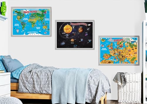 NITRAM Mapa del Mundo infantil, Europa y Sistema Solar de Pared. 3 Poster Láminas para decorar habitación niños. Tamaño A3 (Spanish)