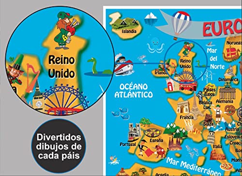 NITRAM Mapa del Mundo infantil, Europa y Sistema Solar de Pared. 3 Poster Láminas para decorar habitación niños. Tamaño A3 (Spanish)