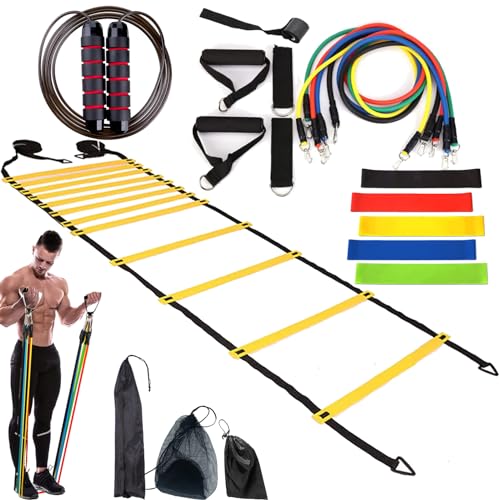 niuniaj Kit de Entrenamiento de Fútbol,Accesorios de Entrenamiento Fútbol,Escalera de Agilidad 6 Metros 12 Escalones,5 Bandas Elasticas Fitness 5 Bandas de Resistencia,1 Cuerda para Saltar.