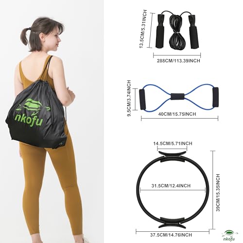 nkofu Nkofu Kit Aro Pilates Aductor (37,5 cm- Ring, Anillo, Círculo) Cuerda de Saltar, Bandas de Elásticas Resistencia, para el Ejercicio Fitness Yoga Entrenamientos en casa + Bolsa, Negro