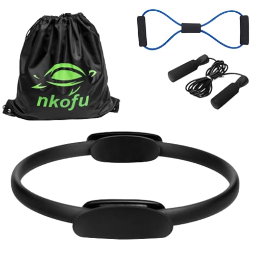 nkofu Nkofu Kit Aro Pilates Aductor (37,5 cm- Ring, Anillo, Círculo) Cuerda de Saltar, Bandas de Elásticas Resistencia, para el Ejercicio Fitness Yoga Entrenamientos en casa + Bolsa, Negro