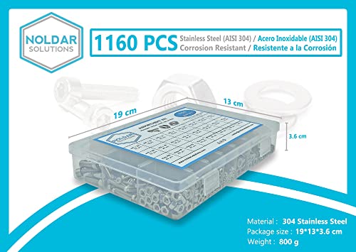 NOLDAR | Surtido de tornillos allen con cabeza cilindrica, tuercas hexagonales y arandelas. Kit tornilleria de acero inoxidable de 1160 piezas. Métrico M2 M3 M4 M5 Longitudes desde 8mm hasta 20mm