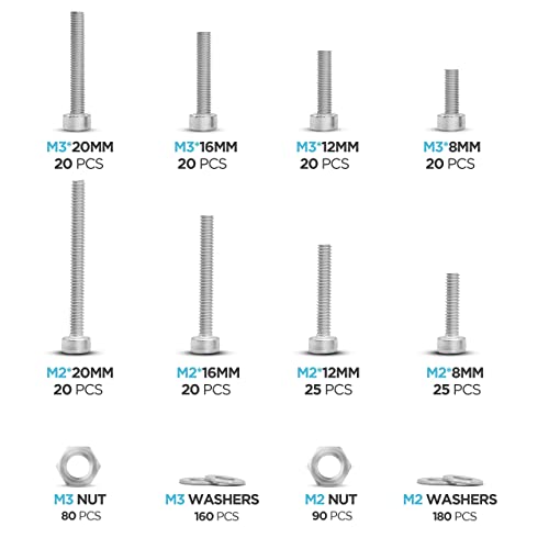 NOLDAR | Surtido de tornillos allen con cabeza cilindrica, tuercas hexagonales y arandelas. Kit tornilleria de acero inoxidable de 1160 piezas. Métrico M2 M3 M4 M5 Longitudes desde 8mm hasta 20mm