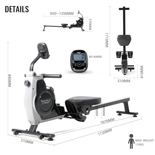 Novonova Máquina de Remo para casa, Máquina de Remo con 8 Niveles de Resistencia, Pantalla LCD, súper silenciosa, Nuevo Diseño, Maquina Remo en casa, SY-1710