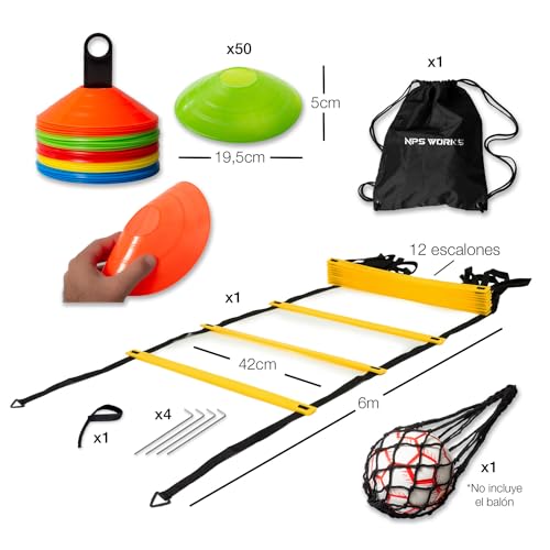 NPS WORKS Kit de Entrenamiento de Fútbol. 50 Conos de Entrenamiento, Escalera de Entrenamiento (6 m/12 peldaños), Bolsa de Red y Mochila. Material para Entrenamiento en Fútbol con Niños y Adultos...