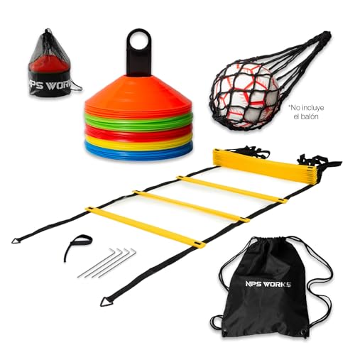 NPS WORKS Kit de Entrenamiento de Fútbol. 50 Conos de Entrenamiento, Escalera de Entrenamiento (6 m/12 peldaños), Bolsa de Red y Mochila. Material para Entrenamiento en Fútbol con Niños y Adultos...