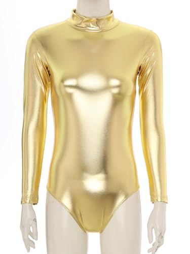 Nyeemya Brillante Maillot Ballet para Mujer de Manga Larga y Cuello alto Maillot Danza Adulto para Bailarina Gimnasia Patinaje Artístico Dorado XL