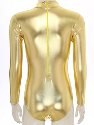 Nyeemya Brillante Maillot Ballet para Mujer de Manga Larga y Cuello alto Maillot Danza Adulto para Bailarina Gimnasia Patinaje Artístico Dorado XL