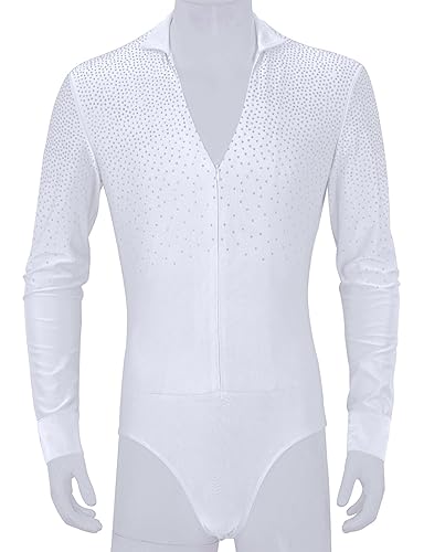 Nyeemya Maillot de Danza Ballet para Hombre Manga Larga Camisa de Baile Latino Cuello V Clásico Body Leotardo ​de Danza Tango Samba Salsa Elástico C Blanco L