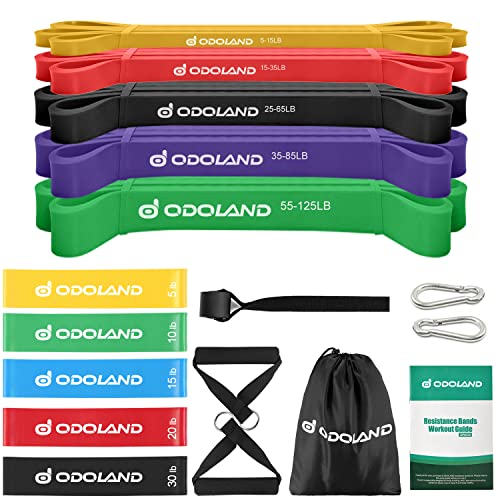 Odoland Bandas Elásticas Fitness Set 17 en 1 con 5 Bandas de Resistencia. 5 Niveles de Pull Up Bands, Kit de Accesorios para Pilates y Entrenamiento