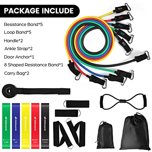 Odoland Set Bandas Elasticas de Fitness con 5 Bandas Elásticas de Resistencia, Loop Band, Asas, Correas de Tobillo, Anclaje para Puerta y Guía, Kit de Entrenamiento para Fitness Yoga Pilates, Vistoso