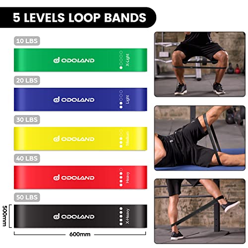 Odoland Set Bandas Elasticas de Fitness con 5 Bandas Elásticas de Resistencia, Loop Band, Asas, Correas de Tobillo, Anclaje para Puerta y Guía, Kit de Entrenamiento para Fitness Yoga Pilates, Vistoso