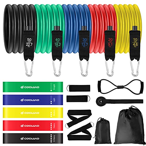 Odoland Set Bandas Elasticas de Fitness con 5 Bandas Elásticas de Resistencia, Loop Band, Asas, Correas de Tobillo, Anclaje para Puerta y Guía, Kit de Entrenamiento para Fitness Yoga Pilates, Vistoso