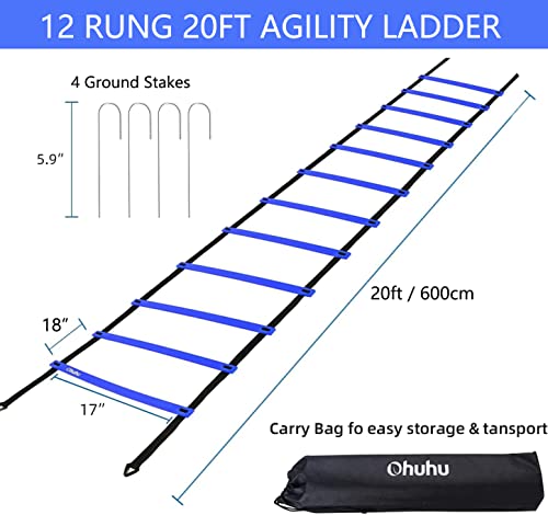 Ohuhu Juego de Entrenamiento Escalera de 12 peldaños con 12 Conos de Campo y 4 Clavos. Ideal para Juego de pies para Ejercicios de fútbol