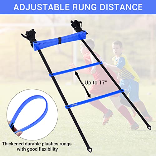 Ohuhu Juego de Entrenamiento Escalera de 12 peldaños con 12 Conos de Campo y 4 Clavos. Ideal para Juego de pies para Ejercicios de fútbol