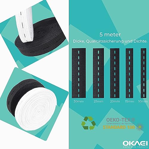 Okaei Goma perforada de 5 m, fácil de estirar, ancho para ojales, bandas de goma, ideal para cintas de cinturón y suministros de bricolaje, cinta de goma, costura en blanco o negro