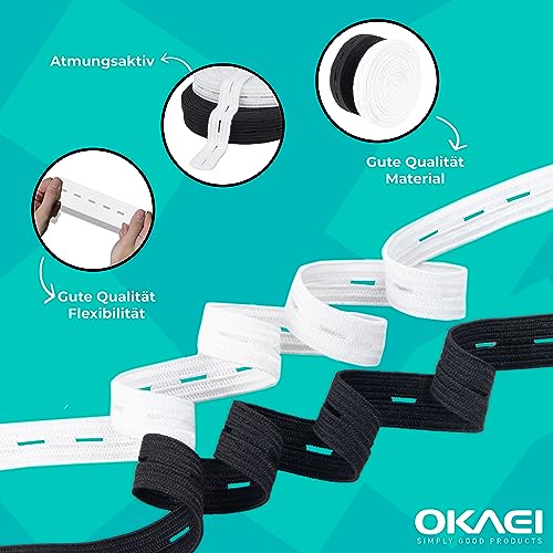 Okaei Goma perforada de 5 m, fácil de estirar, ancho para ojales, bandas de goma, ideal para cintas de cinturón y suministros de bricolaje, cinta de goma, costura en blanco o negro