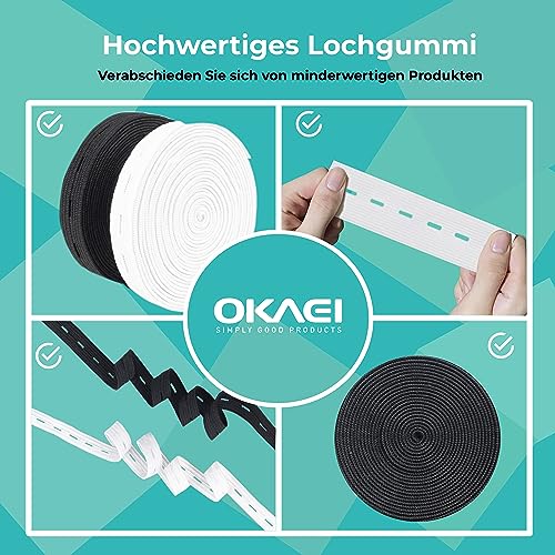 Okaei Goma perforada de 5 m, fácil de estirar, ancho para ojales, bandas de goma, ideal para cintas de cinturón y suministros de bricolaje, cinta de goma, costura en blanco o negro