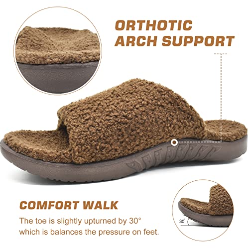 ONCAI Zapatillas Hombre con Soporte del Arco, Fascitis Plantar Ortopédica Fieltro Pelaje Pantuflas Almohadilla de Espuma Memoria y Hebillas de Nylon Ajustable Cómoda Zapatos Marrón Tamaño 43