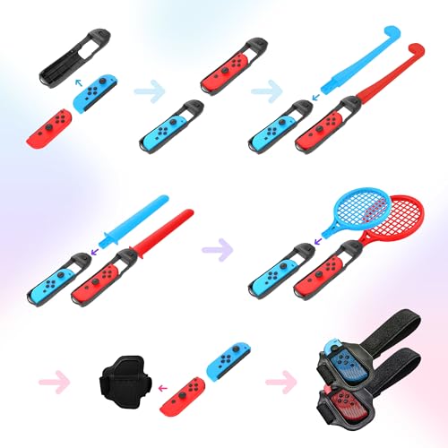 Oniverse Kit de Accesorios para Nintendo Switch Sports, Pack de 12 en 1 con Correas, Raquetas, Espadas chanbara, Palos de Golf, Cintas para Las piernas y Asas universales para Joy con