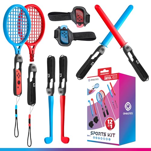 Oniverse Kit de Accesorios para Nintendo Switch Sports, Pack de 12 en 1 con Correas, Raquetas, Espadas chanbara, Palos de Golf, Cintas para Las piernas y Asas universales para Joy con