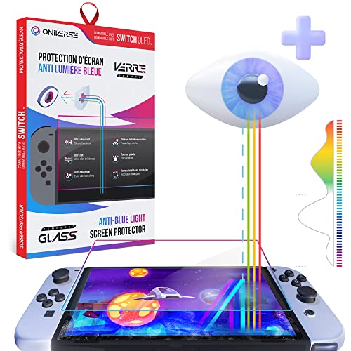 Oniverse Protector de pantalla Switch OLED - Cristal templado anti luz azul compatible con Nintendo Switch - Película protectora para la pantalla - Resistente y anti arañazos