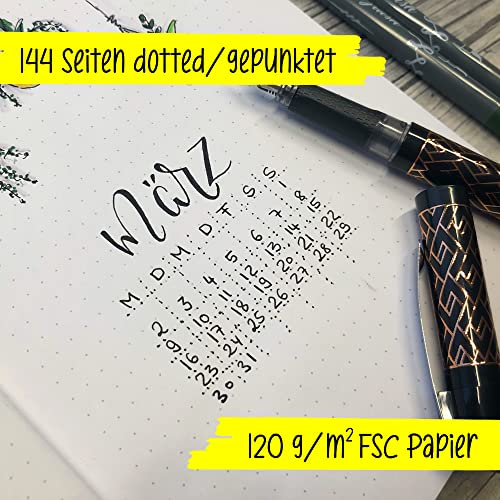 Online Bullet Journal Dotted A5 con banda elástica manga, papel FSC de 120 g/m², 144 páginas interiores con tapa blanda, diario para notas, bocetos, lettering