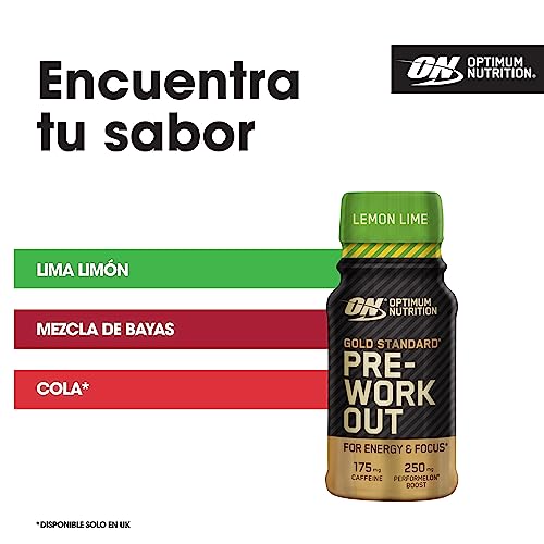 Optimum Nutrition Gold Standard Impulso de Energía Pre Entrenamiento, Complemento Alimenticio Listo para Beber con Beta Alanina, Cafeína, PerforMelon Boost, Sabor Lima Limón, Paquete de 12, 12 x 60 ml