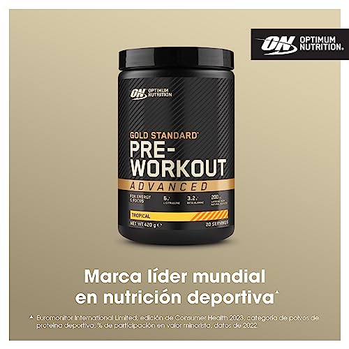 Optimum Nutrition Gold Standard Polvo Avanzado Pre Entrenamiento, Energy Booster con L-Citrulina, Beta Alanina, Cafeína y Vitaminas B12 y B6, Sabor Tropical, 20 Porciones, 420 g